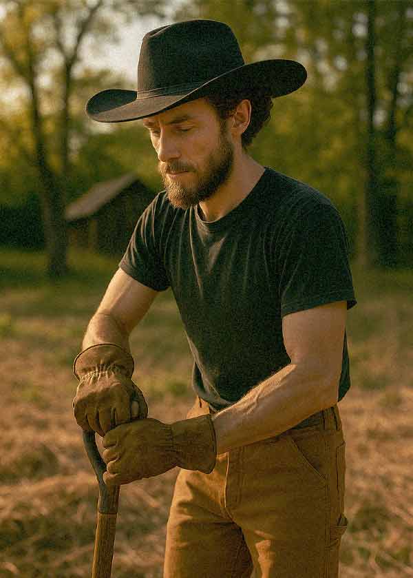 A rugged bearded man in a black cowboy hat grips a shovel in a sunlit field, wearing brown work pants and gloves, symbolizing craftsmanship and dedication to land stewardship.